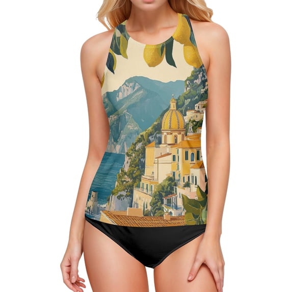Women's Printed Tankini Top - High Elasticity Slim-Fit Swimsuit with Removable Straps & Cups, Perfect for Beach & Pool Parties,Lemon