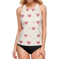 thumbnail image 1 of Women's Printed Tankini Top - High Elasticity Slim-Fit Swimsuit with Removable Straps & Cups, Perfect for Beach & Pool Parties，Pink Hearts, 1 of 7