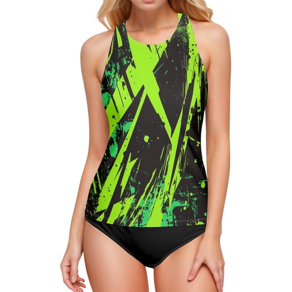 Women's Printed Tankini Top - High Elasticity Slim-Fit Swimsuit with Removable Straps & Cups, Perfect for Beach & Pool Parties,Vector Graphic Design