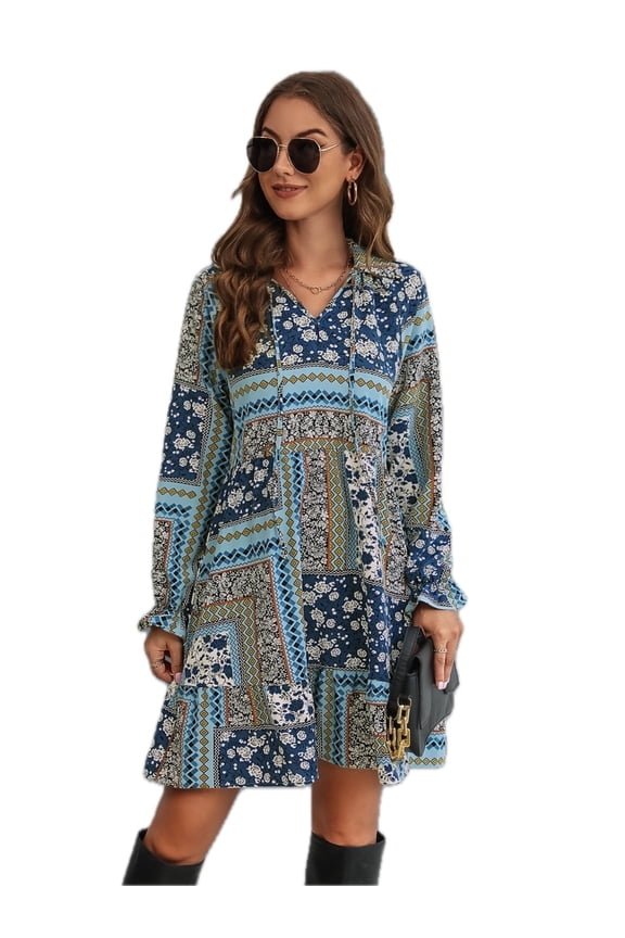 Women's Printed Tie Front Flounce Sleeve Dress 95% Polyester 5% Elastane Lightweight Sheer Look for Day to Night