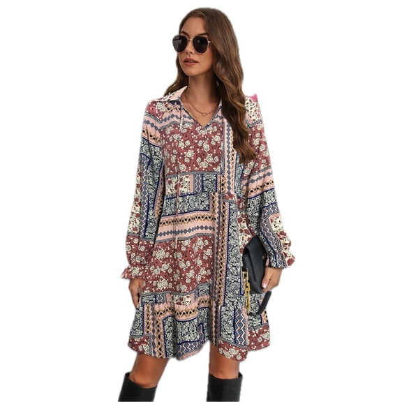 Women's Printed Tie Front Flounce Sleeve Dress 95% Polyester 5% Elastane Lightweight Sheer Look for Day to Night