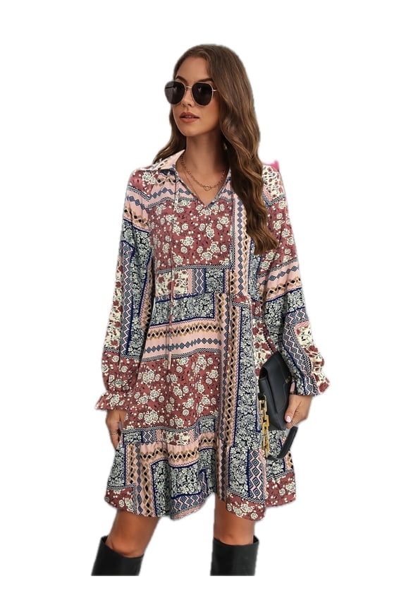 Women's Printed Tie Front Flounce Sleeve Dress 95% Polyester 5% Elastane Lightweight Sheer Look for Day to Night