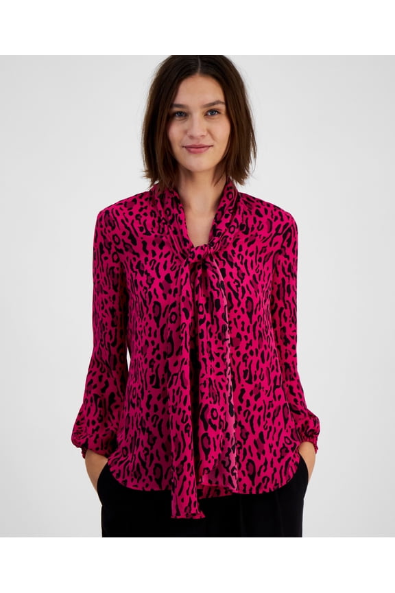 Women's Printed Tie-Neck Long-Sleeve Top Jazz Berry Combo XS