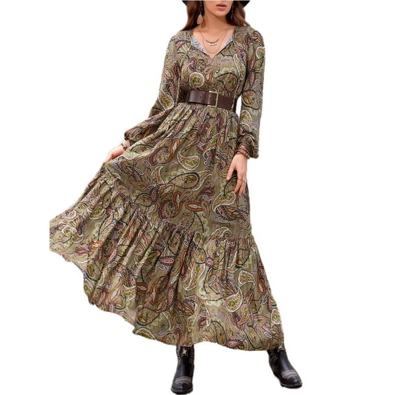 Women's Printed Tie Neck Ruffle Hem Long Sleeve Dress Featuring One Hundred Percent Viscose Fabric and Subtle Stretch