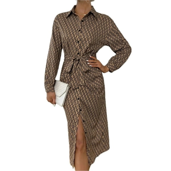 Women's Printed Tie Waist Long Sleeve Midi Shirt Dress 100% Polyester Lightweight Versatile Flowy Elegant Workwear