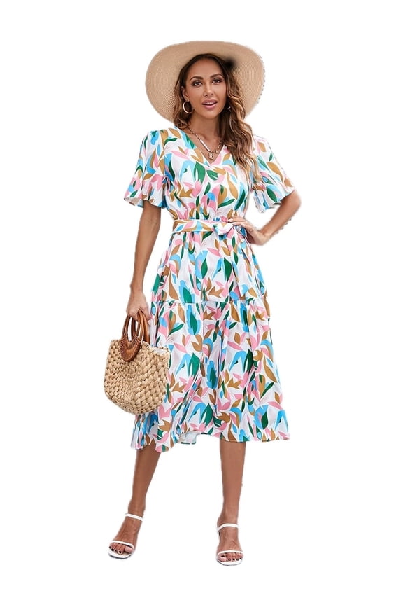 Women's Printed Tie Waist V Neck Flutter Sleeve Midi Dress in Chic Pattern with Short Sleeves and A Line Hem Detailing