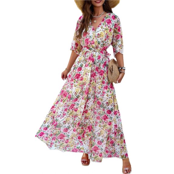 Women's Printed Tied Half Sleeve Dress with Front Slit in Lightweight Comfort 100% Polyester Fabric All Day Wear