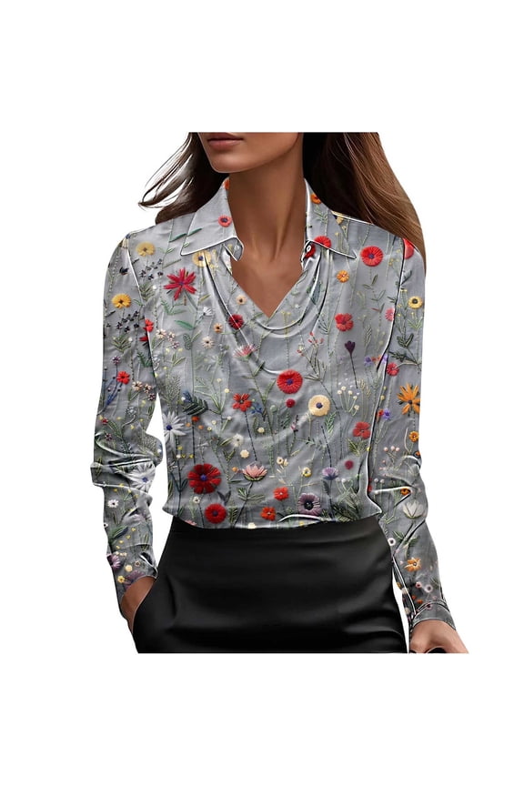 Women's Printed Tunic Top Long Sleeve Drop Neckline Button Detail Casual Blouse Floral Boho Pattern Loose Fit Relaxed Spring Fall Layering Piece
