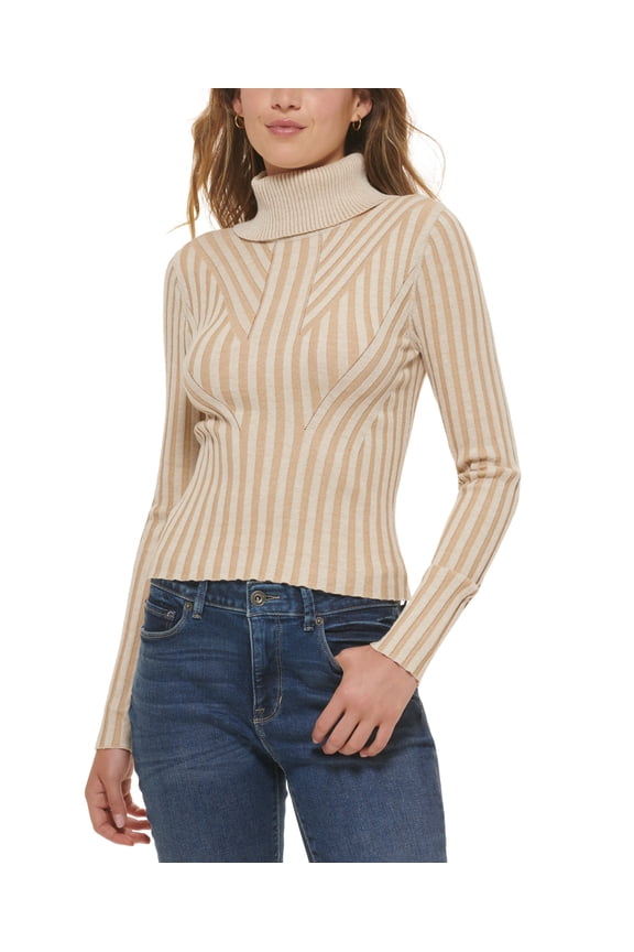 Women's Printed Turtleneck Long-Sleeve Sweater Vanilla Vicuna Heather XXS