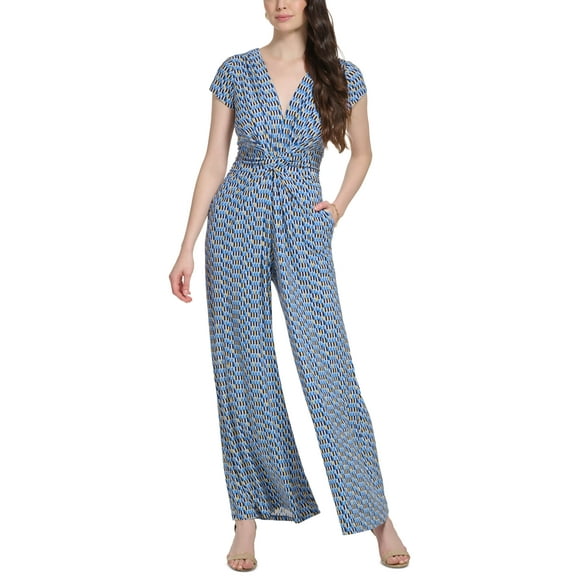 Women's Printed Twist-Front Cap-Sleeve Jumpsuit Blue XXL