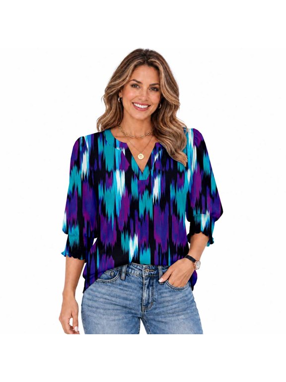 Women's Printed V-Neck 3/4 Sleeve Casual Blouse Top