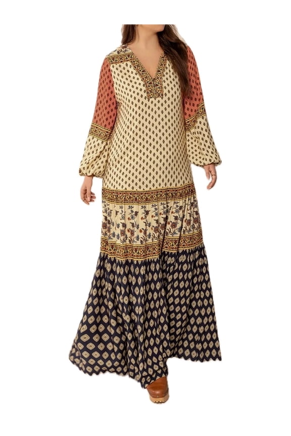 Women's Printed V Neck Balloon Sleeve Maxi Dress with Ruched Detail and Flowing Silhouette 100% Polyester Fabric