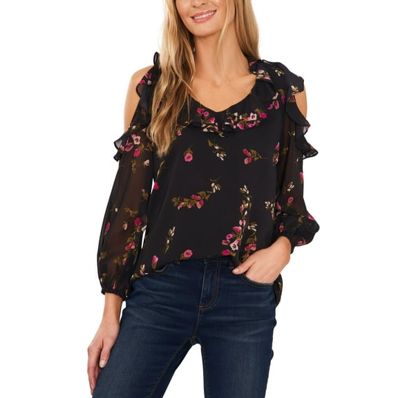 Women's Printed V-Neck Cold-Shoulder Ruffle Top Rich Black S