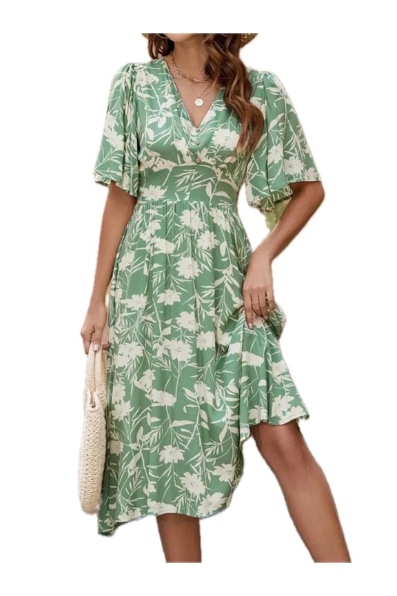 Women's Printed V Neck Flutter Sleeve Dress viscose 100% fabric for a comfortable everyday look and easy care wash
