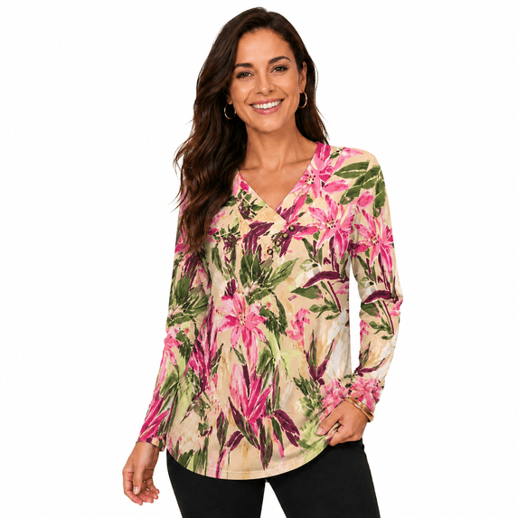 Women's Printed V-Neck Long Sleeve Button Detail Tunic Top