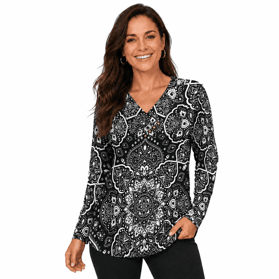 Women's Printed V-Neck Long Sleeve Button Detail Tunic Top
