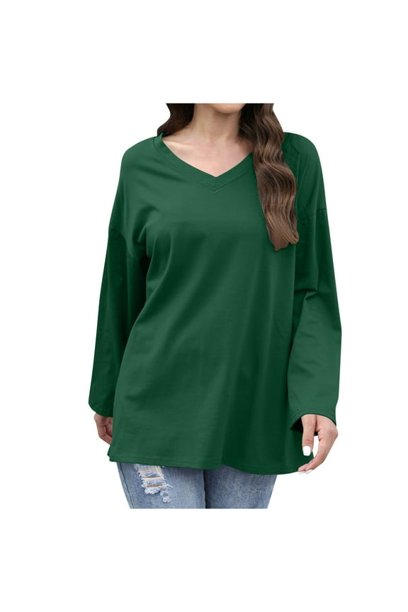 Women's Printed V-Neck Long Sleeve Casual Top Loose Drop Shoulder Blouse Shirt for Women