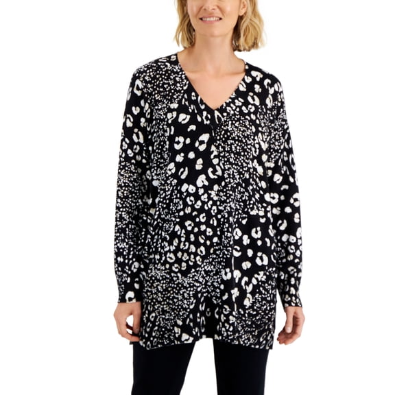 Women's Printed V-Neck Long Sleeve Sweater Deep Black Combo XL