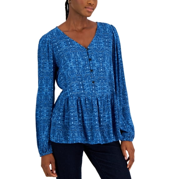 Women's Printed V-Neck Peasant Top Blue Combo XL