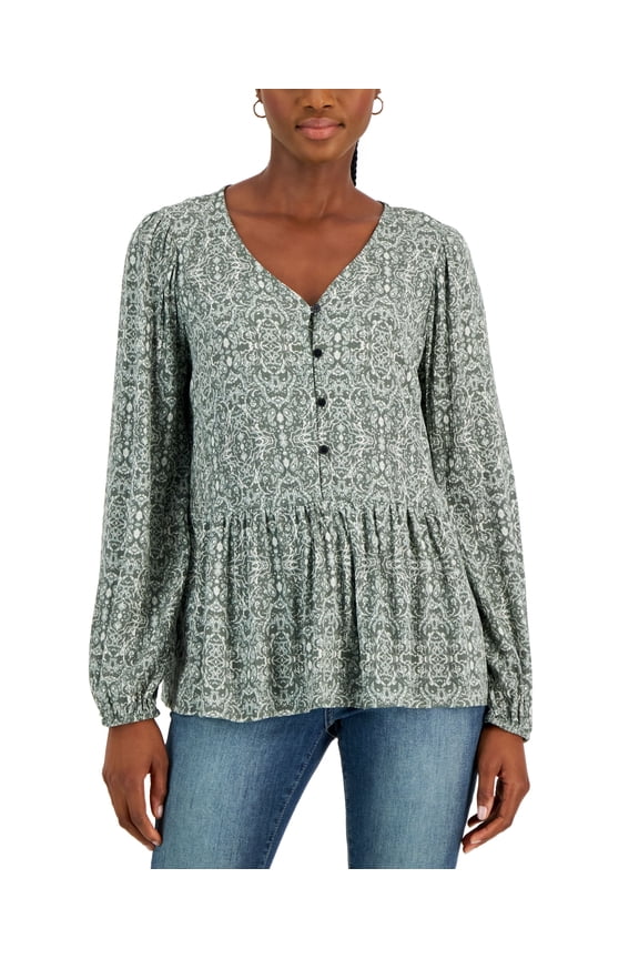 Women's Printed V-Neck Peasant Top Green Combo L