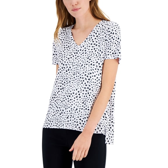 Women's Printed V-Neck T-Shirt White Mini Waves S