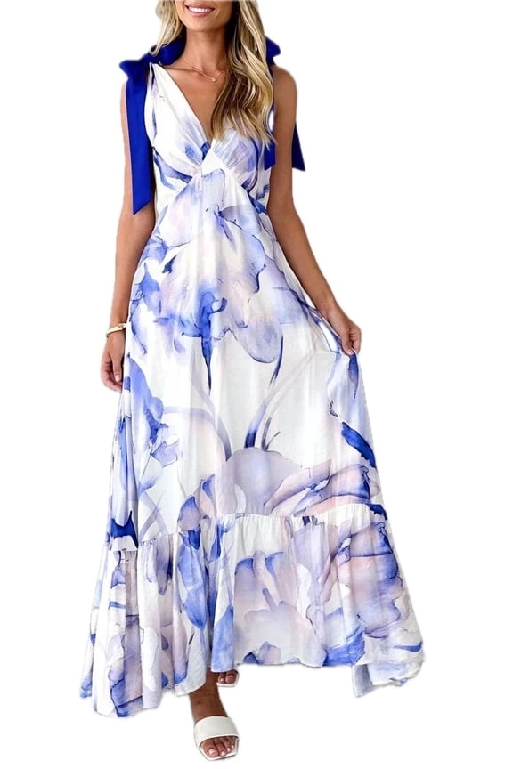 Women's Printed V Neck Tie Shoulder Midi Cami Dress Ruched Bodice 100% Polyester Soft Flowy Comfort Machine washable