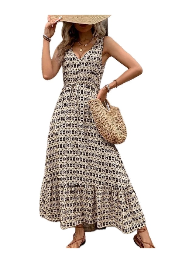 Women's Printed V Neck Tie Waist Midi Dress 100% Viscose Fabric with Sheer Tie Detail and Elegant Silhouette Style