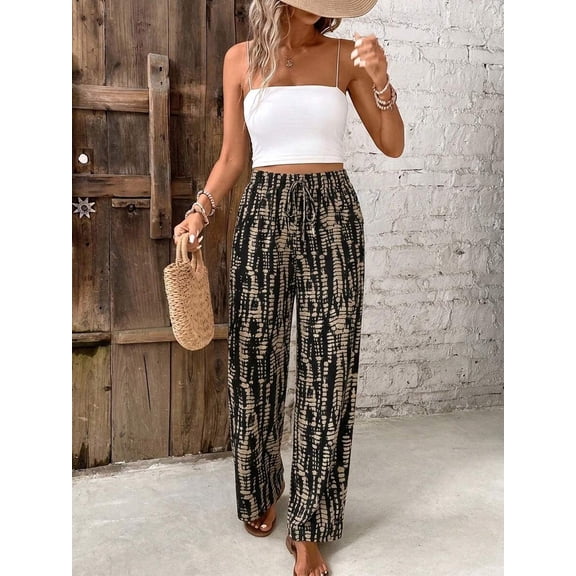 Women's Printed Wide Leg Pants Drawstring Elastic Waist Beach Vacation Outfit