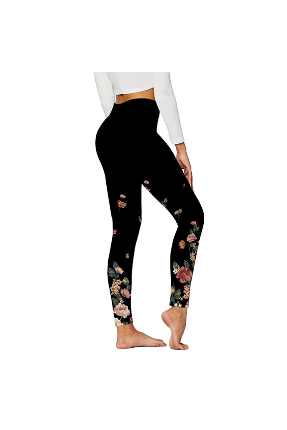 Women's Printed Yoga Pants Leggings, High Waist Tummy Control Workout Pants, Butt Lifting Running Leggings, Floral Pattern Sports Tights for Yoga, Gym and Casual Wear-Black