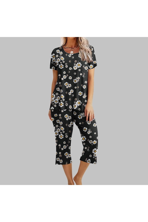 Women's Printing Round Neck Short Sleeve Sleepshirt And Pants Sets Loungewear Pajamas With Pockets