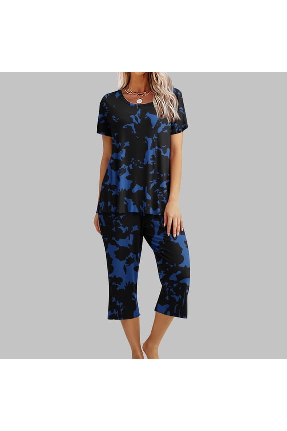 Women's Printing Round Neck Short Sleeve Sleepshirt And Pants Sets Loungewear Pajamas With Pockets