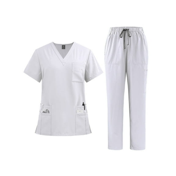 Women's Professional Medical Workwear Set - Comfortable Scrub Top & Straight-Leg Pants with Pockets, Available in White, Pink, Purple, Black