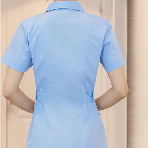Women's Professional Short Sleeve Button Front Nurse Dress Healthcare Work Uniform with Multi Pockets Blue XL