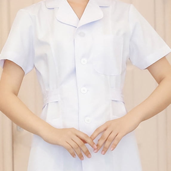 Women's Professional Short Sleeve Button Front Nurse Dress Healthcare Work Uniform with Multi Pockets White 2XL