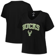 Womens Profile Black Milwaukee Bucks Plus Size Arch Over Logo V-Neck T-Shirt