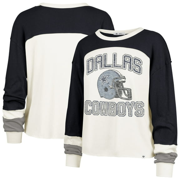 Women's '47 Cream/Navy Dallas Cowboys Plus Size Double Header Curve Toni Long Sleeve T-Shirt