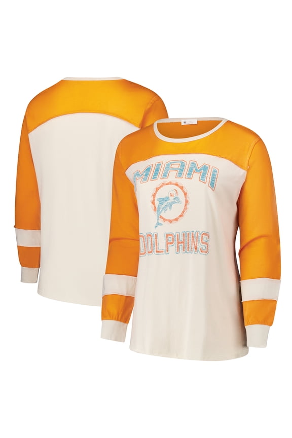 Women's '47 Cream/Orange Miami Dolphins Plus Size Double Header Curve Toni Long Sleeve T-Shirt