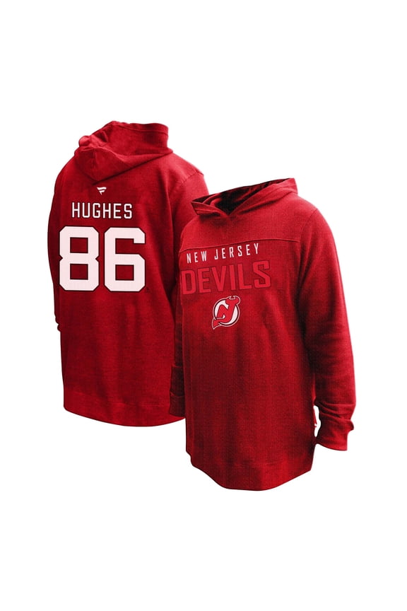 Women's Profile Jack Hughes Red New Jersey Devils Plus Size Name & Number Thermal Pullover Hoodie