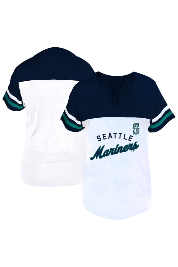 Women's Profile White/Navy Seattle Mariners Plus Size Two-Stripe V-Neck T-Shirt