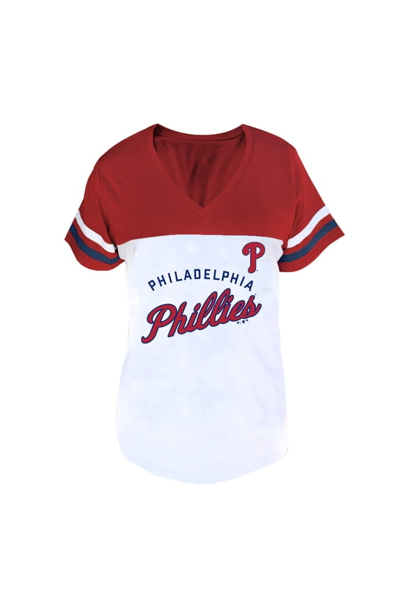 Women's Profile White/Red Philadelphia Phillies Plus Size Two-Stripe V-Neck T-Shirt