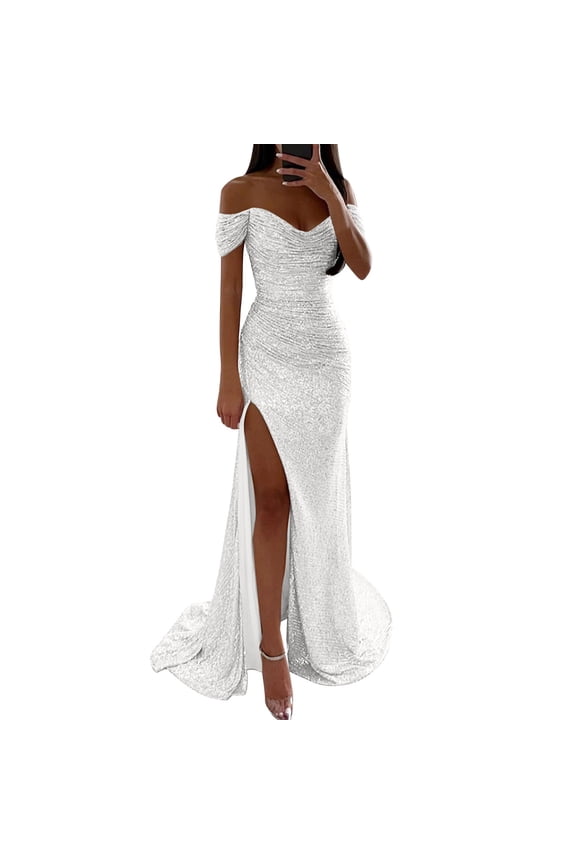 Women's Prom Dress Party Dress Sequin Dress Maxi Dress Short Sleeve Pure Color Sequins Spring Fall Winter Off Shoulder Fashion Winter Dress Wedding Guest Evening Party Dress All Seasons Silver M