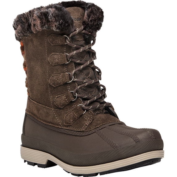 propet women's lumi tall lace snow boots brown suede rubber 7.5 xx-wide