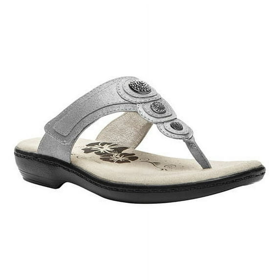 Propet Women's Monica Thong Sandals Silver Leather Foam Metal Polyurethane 6 4E