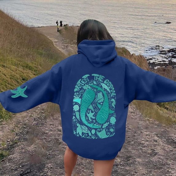 Women's "Protect The Ocean" Graphic Hoodie, Oversized Long Sleeve Pullover, Sea Life Print Casual Sweatshirt with Pockets, 13 Colors, S-XXL