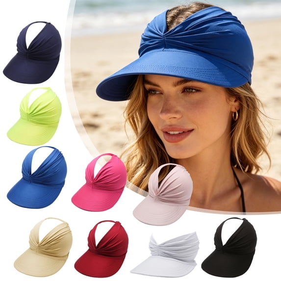 Women's Protection Sun Visor Hats Upf 50+ Uv Wide Brim Lightweight Foldable Ponytail Cap For Summer Beach Vacation (Free Size, Blue)