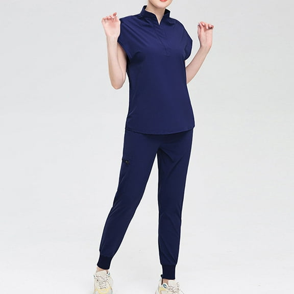 Women's Protective Work Suits Button Pocket Solid Long Pants Short Sleeved Top Nursing Uniform Set Navy S