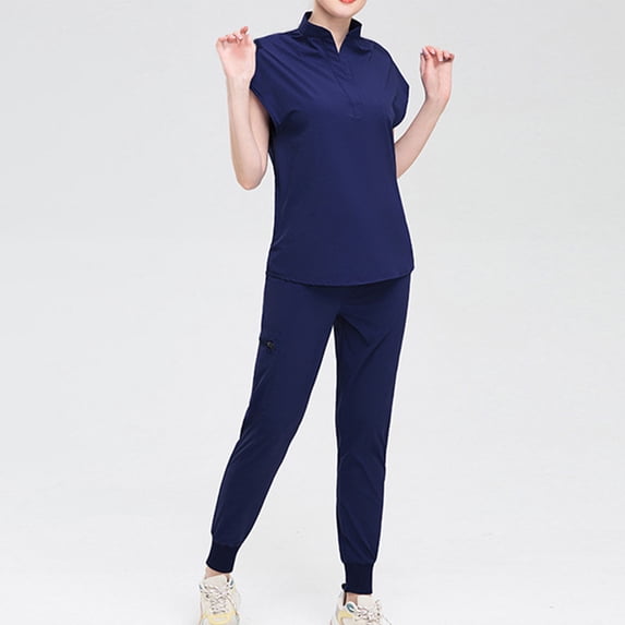 Women's Protective Work Suits Button Pocket Solid Long Pants Short Sleeved Top Nursing Uniform Set Navy XXL