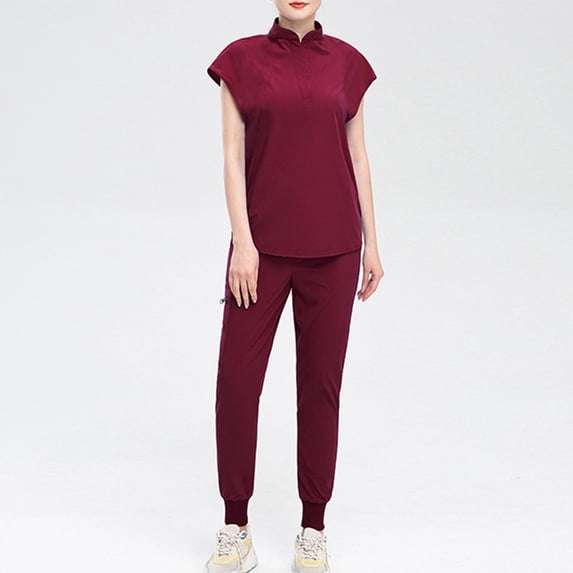 Women's Protective Work Suits Button Pocket Solid Long Pants Short Sleeved Top Nursing Uniform Set Wine XXL