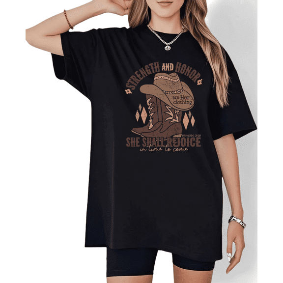 Women's Proverbs 31:25 "Strength And Honor" Western Cowgirl-Themed Graphic T Shirt Short Sleeve Round Neck Black S-5XL