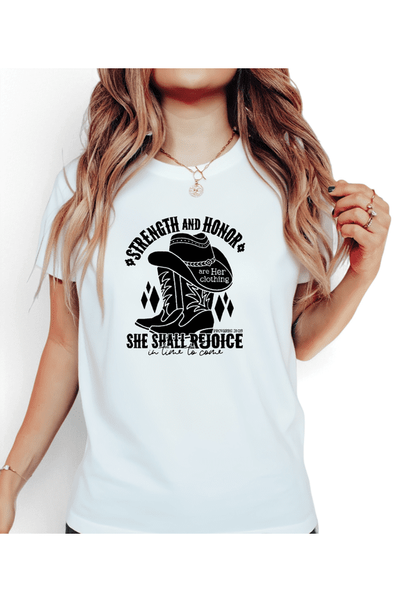 Women's Proverbs 31:25 "Strength And Honor" Western Cowgirl-Themed Graphic T Shirt Short Sleeve Round Neck White S-5XL
